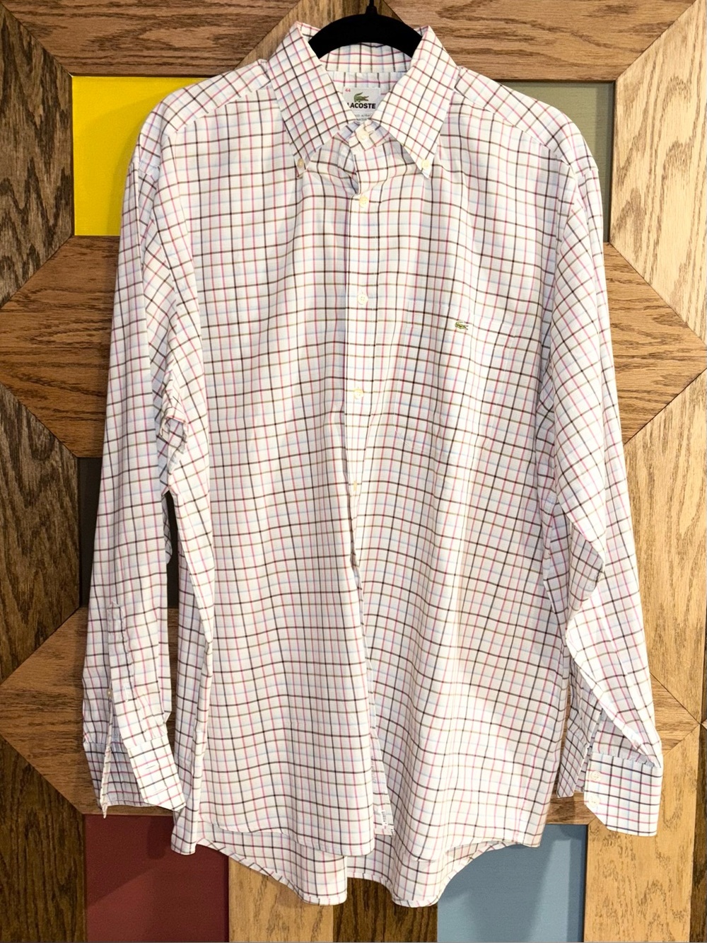 Lacoste Men’s Shirt White Pink Plaid 100% Cotton Long Sleeve Button Down 44/XL
